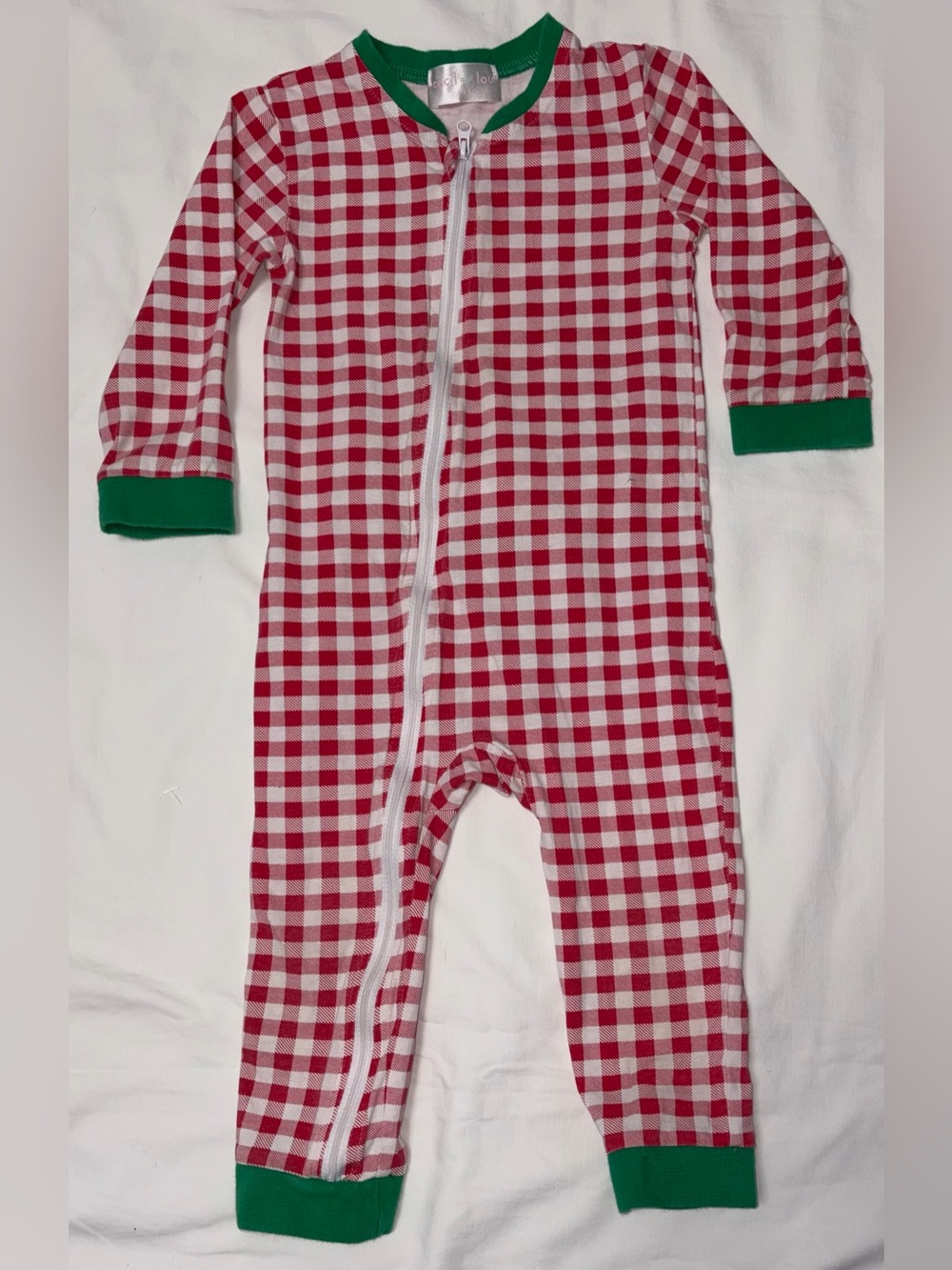 Cecil and Lou unisex red checked full zip romper w/green trim monogrammed “C”